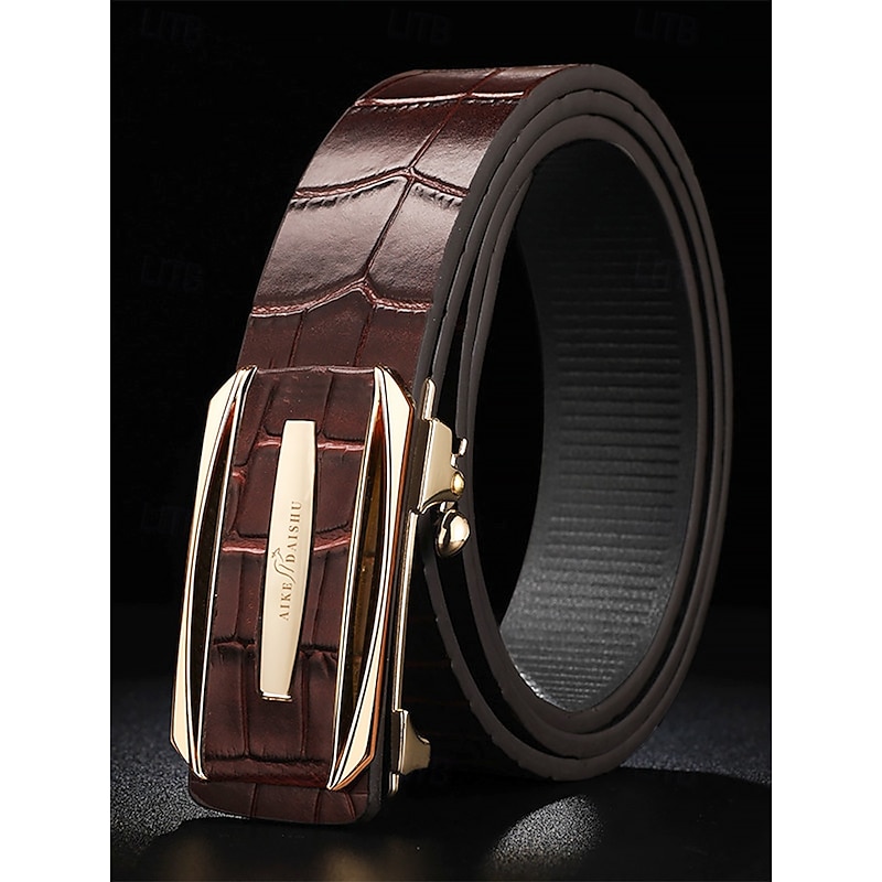 Men's Genuine Leather Ratchet Dress Belt with Automatic Buckle - Classic Crocodile Pattern, Elegant Style, Suitable for Weddings, Business and Formal Occasions4