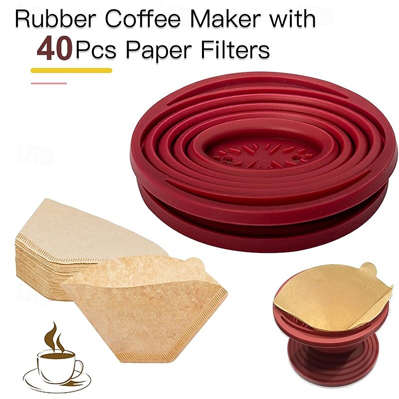 Collapsible Rubber Coffee Filter with 40Pcs Paper Filters - Collapsible Coffee Dripper Easy Red Manual Coffee Brew Maker with 40 Pieces Unbleached Paper Filters Paper Coffee Filter for Home Camping T3