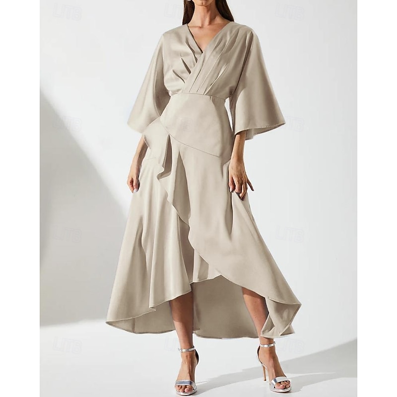 SkyA-Line Mother of the Bride Dress Elegant Simple Luxurious V Neck Asymmetrical Floor Length Wedding Guest Dress Satin 3/4 Length Sleeve with Pleats Ruffles4