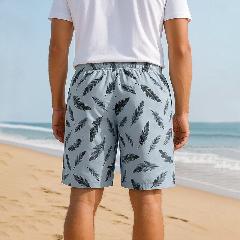 Men's Shorts Beach Shorts Drawstring Feather Breathable Quick Dry Knee Length Outdoor Vacation Party Vacation Hawaiian Dusty Blue Micro-elastic2