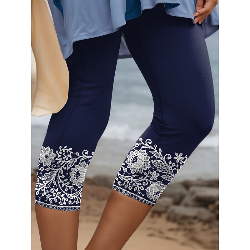 Women's Leggings Capri Pants 3D Print High Elasticity Vacation Vintage Fashion Calf-Length High Waist Floral Graphic Printing Breathable Soft Stretchy Formal Vacation Office Navy Summer Spring3