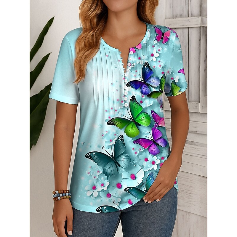 Women's T Shirt Ombre Floral Graphic Vintage Stylish Classic Short Sleeve Round Neck Regular Tops Daily Weekend Beach Wear Smocked Buttons Print Red Purple Green Summer Spring4