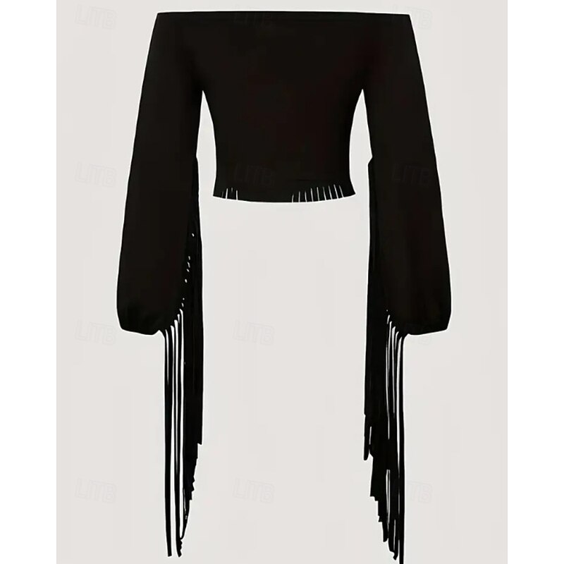 Women's Boho Shirt Blouse Plain Boho Long Sleeve Off Shoulder Crop Tops Holiday Going out Fringe Black Brown Summer3
