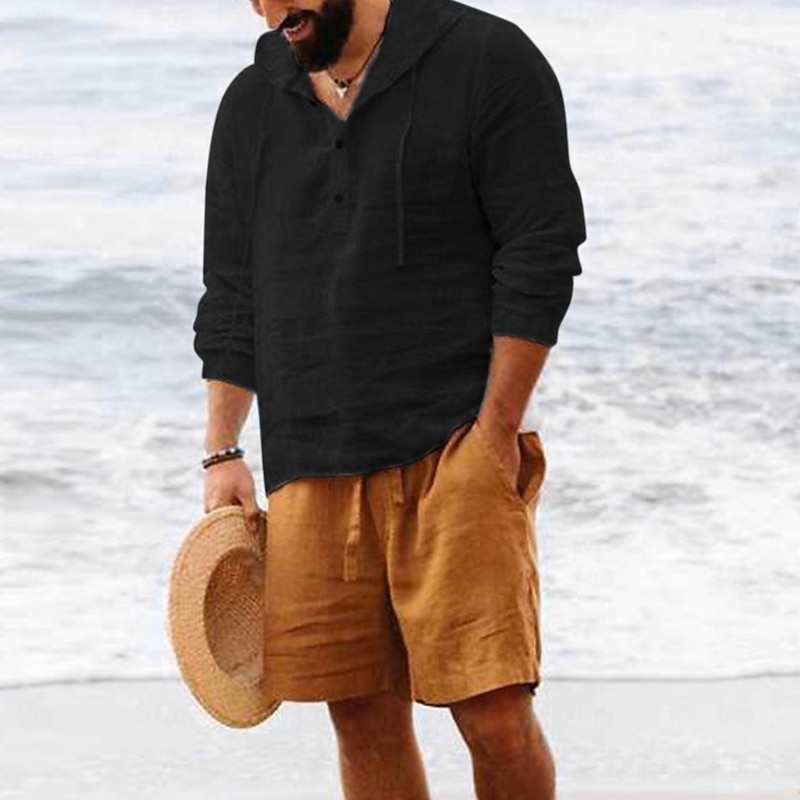 Men's Shirt Linen Shirt Popover Shirt Summer Shirt Beach Wear Hooded Shirt Solid Color Vacation Street Black White Navy Blue Sky Blue Long Sleeve Hooded Summer Spring Clothing Apparel3