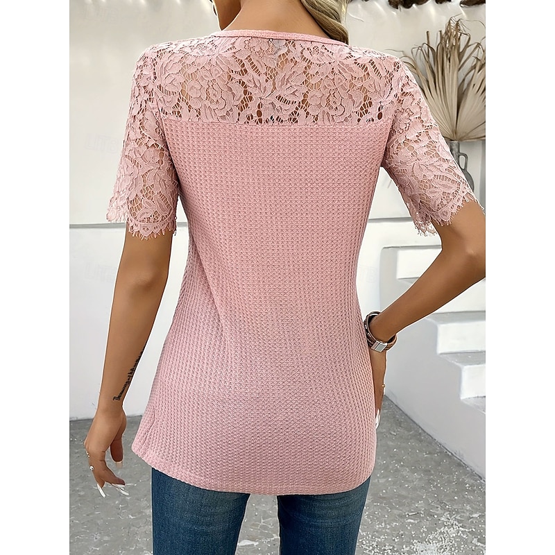 Women's Blouse Solid Color Elegant Short Sleeve V Neck Regular Tops Daily Holiday Going out Lace Patchwork Buttons Pink Summer2