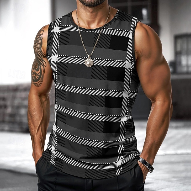 Men's Vest Top Undershirt Sleeveless Shirt Sleeveless Crewneck Spring & Summer Plaid / Striped / Chevron / Round Fashion Designer Vacation Street Going out Royal Blue+Gray Black Red Top Tee for Men4