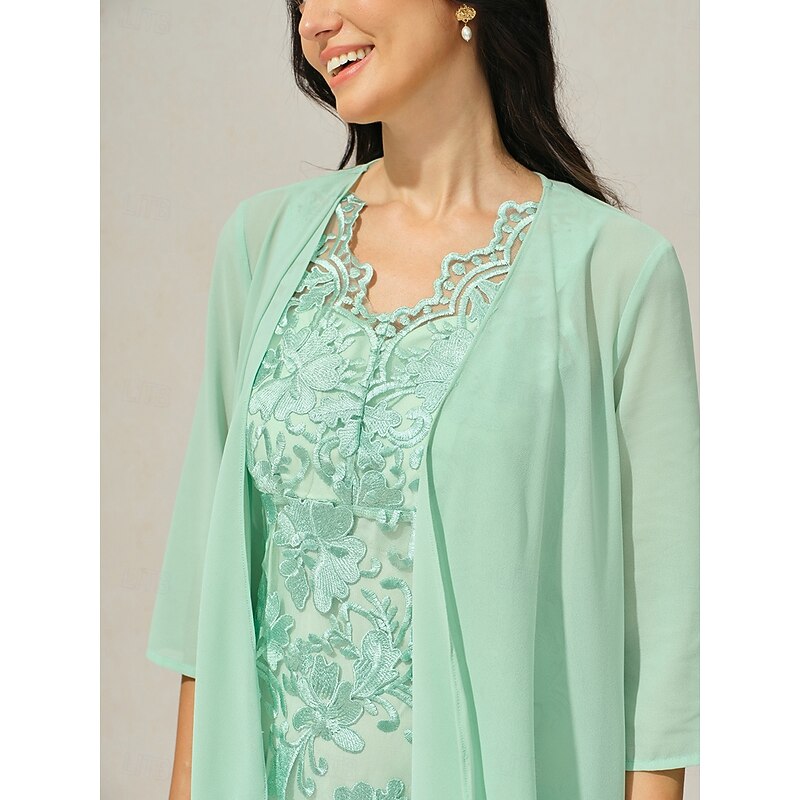 Women's Wedding Guest Cocktail Dress Set Chiffon Lace V Neck 3/4 Length Sleeve Mini Dress Party Elegant Formal Light Green Summer Spring 5