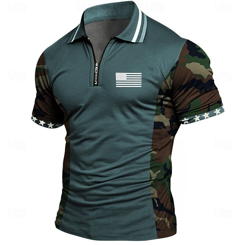 American Independence Day Men's American US Flag Zip Polo Shirts Short Sleeve Polo Shirts Collared Shirts Casual Athleisure Daily Wear 3D Print Summer Blue Green Gray2