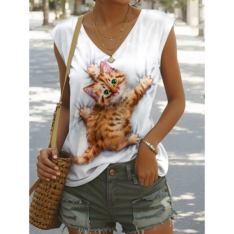 Kayomi Harai Women's Camisole Tank Top Graphic Animal Cat Stylish Classic Casual Sleeveless V Neck Regular Tops Daily Print Black White Yellow Summer Spring
