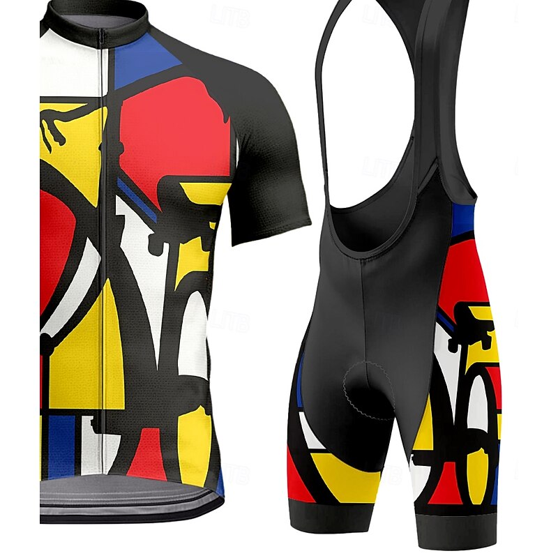 Men's Cycling Jersey with Bib Shorts Short Sleeve Red Bike Sports Graphic Geometric Plaid Checkered Clothing Apparel3