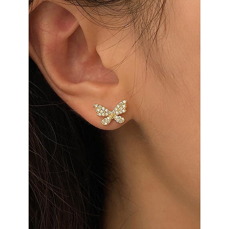 Women's gold butterfly pearl drop earrings with chain, asymmetric design, elegant crystal butterfly design, suitable for party and casual holiday wear2