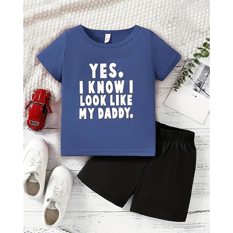 2 Pieces Kids Boys Suit T-shirt & Shorts Outfit Letter Short Sleeve Crewneck Set Outdoor Sports Fashion Summer 4 years+ Black White Red3