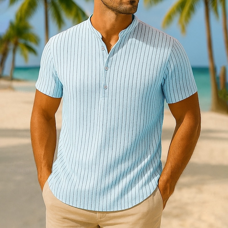 Men's Shirt Linen Shirt Popover Shirt Casual Shirt Cotton Shirt Stripe Vacation Street White Pink Navy Blue Dark Green Short Sleeve Band Collar Summer Clothing Apparel4