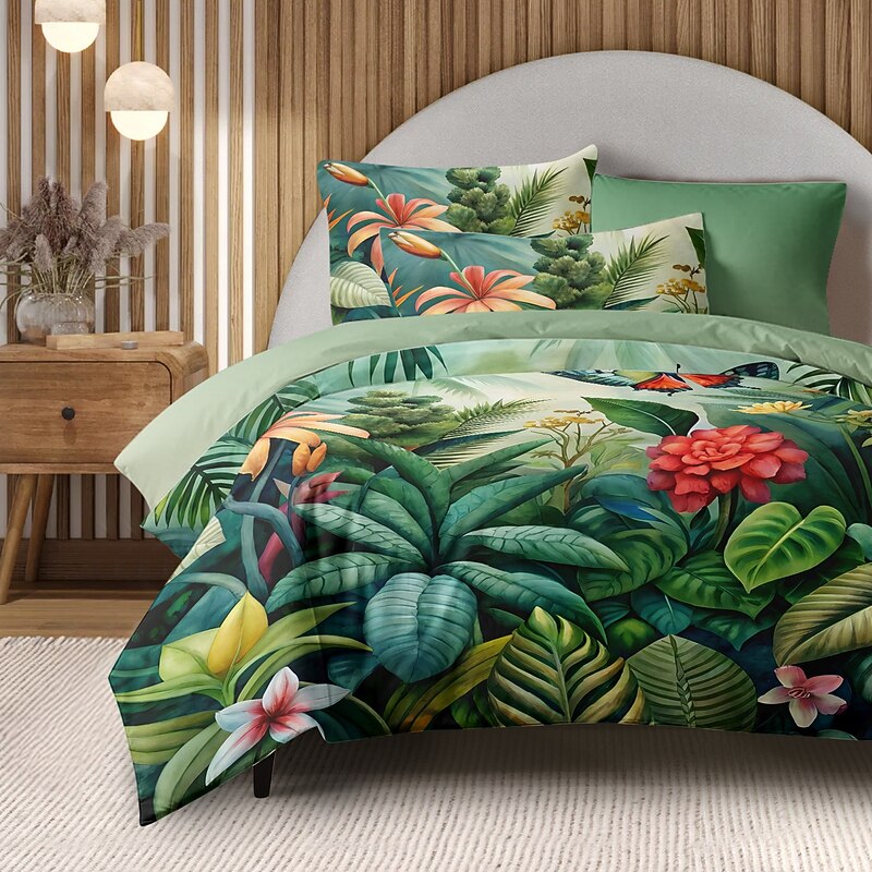 Tropical Plants Flowers Duvet Cover 100% Cotton Full Size Bedding Set Bed Sets Quilt Cover Soft Lightweight Comforter Cover with 2 Pillowcases for All Season3