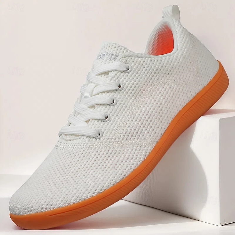 Men's White Knit Sneakers with Bright Orange Sole – Breathable Casual Shoes for Running, Outdoor Activities and Urban Style