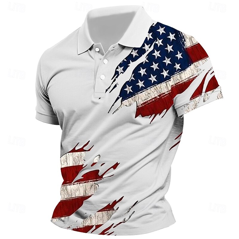 Independence Day Men's American US Flag Polo Short Sleeves Lapel Casual Daily Sports & Outdoor Athleisure Festival Buttons Summer Pink White Sky Blue
