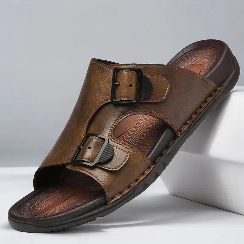 Men's Brown Buckled Faux Leather Slippers with Arch Support Anti-Slip Sole for Adults Suitable for Home Lounge Summer Streetwear Relaxed Day Outings