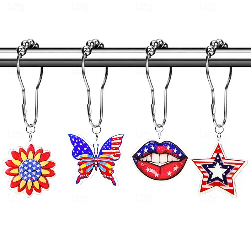 1pc 4th of July Shower Curtain Hooks With Ball Bearings, American Patriotic Blue White Red Curtain Tiebacks, Independence Day For Bathroom Accessories