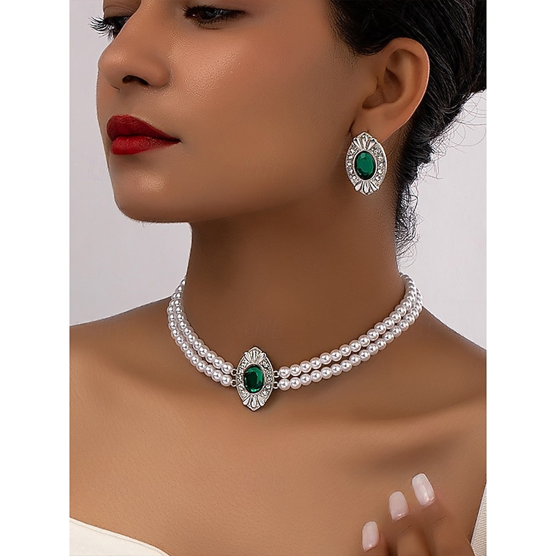 Women's Vintage Pearl Choker Necklace and Earrings Set – Elegant Double Strand Beaded Jewelry with Gold Oval Accents for Ladies, Ideal for Weddings, Parties and Formal Occasions