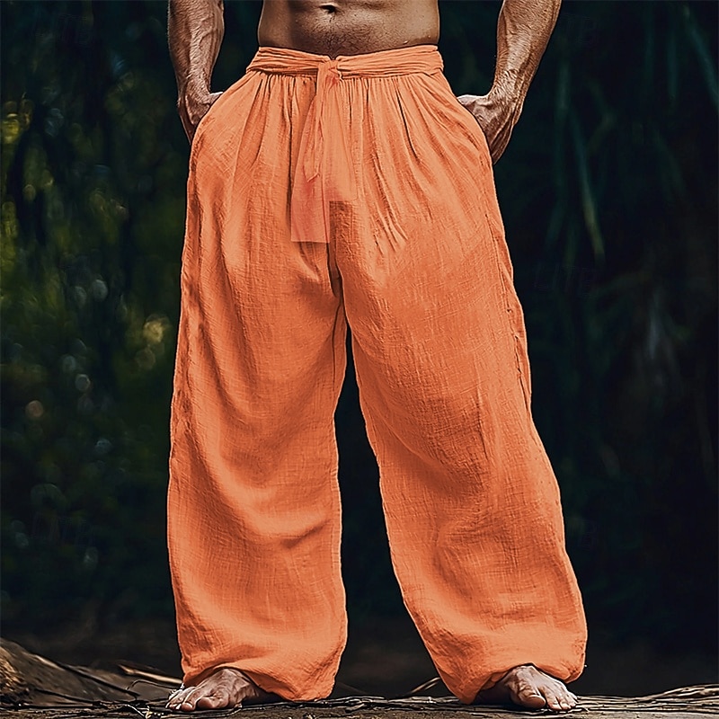 Men's Linen Pants Trousers Summer Pants Beach Pants Pocket Drawstring Elastic Waist Plain Comfort Breathable Vacation Daily Holiday Hawaiian Boho White Navy Blue4