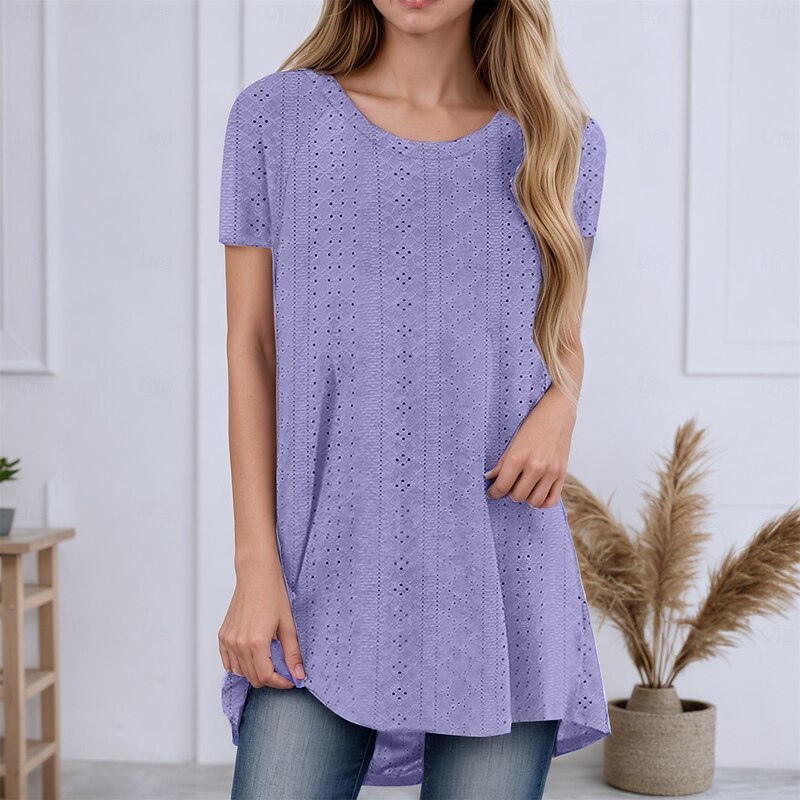 Women's Tunic Summer Tops Blouse Plain Stylish Casual Short Sleeve Crew Neck Long Tops Daily Eyelet Asymmetrical White Pink Purple Green Light Blue Summer Spring