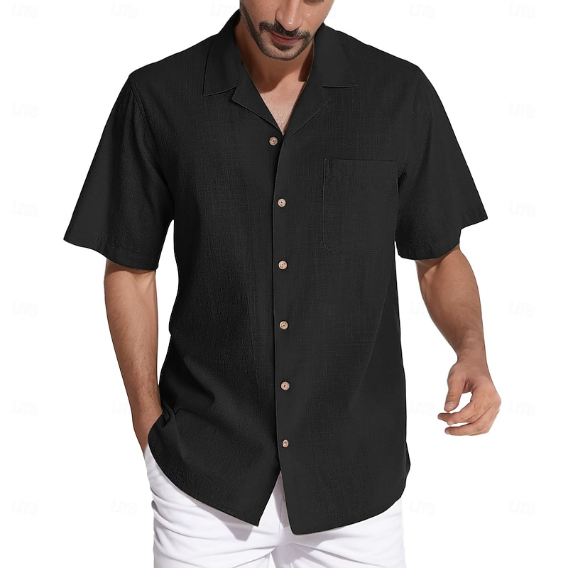 Men's Shirt Linen Shirt Summer Shirt Beach Wear Button Up Shirt Solid Color Vacation Casual Black Navy Blue Green Khaki Short Sleeve Camp Collar Summer Spring Clothing Apparel2