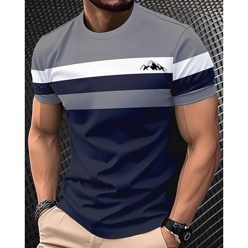 Men's T Shirt Tee Short Sleeve Shirt Tee Top Short Sleeve Crew Neck Summer Striped Fashion Designer Basic Print Vacation Street Going out Navy Blue Gray Top Tee for Men
