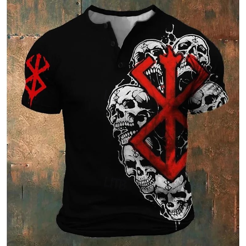 Men's Halloween Skull Skulls T Shirt Henley Shirt Short Sleeve Designer Retro Vintage Street Casual Daily Summer Spring All Seasons Black Red Henley Henley T-Shirt