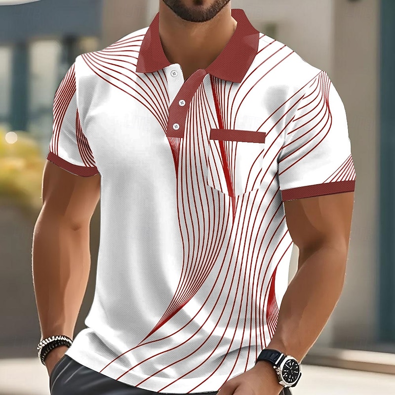 Men's Geometic Line Polo Short Sleeve Polo Shirts Collared Shirts Business Casual Outdoor Athleisure Daily Wear 3D Print Buttons Summer Black Red Blue2