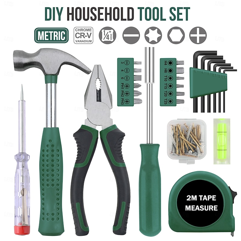 Green Small Compact Hand Tool Kit Set for Home & Office DIY. Household Basic Toolkit Starter Repairs in a Portable Tool Box Case2