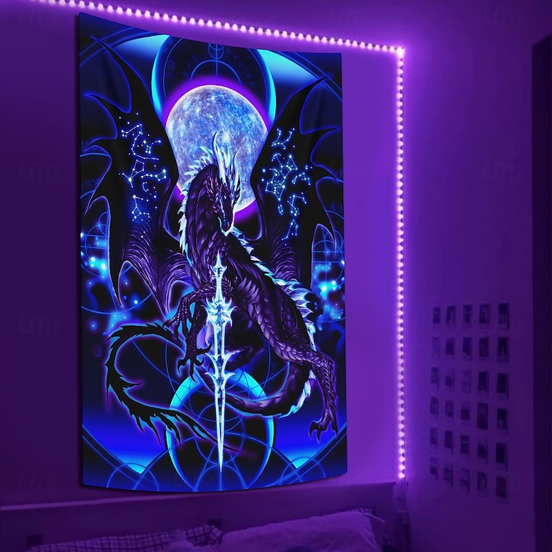 Ruth Thompson Blacklight Tapestry Glow in the Dark Glow Party UV Reactive Trippy Misty Hanging Tapestry Wall Art Mural for Living Room Bedroom Dragonblade NIGHTBLADE HI REZ3