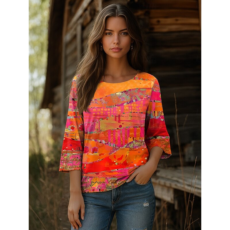 Women's Blouse Long Sleeve Graphic Abstract Bohemia Vintage Ethnic 3/4 Length Sleeve Crew Neck Regular Tops Daily Vacation Wear Print Blue Purple Orange Summer Spring3