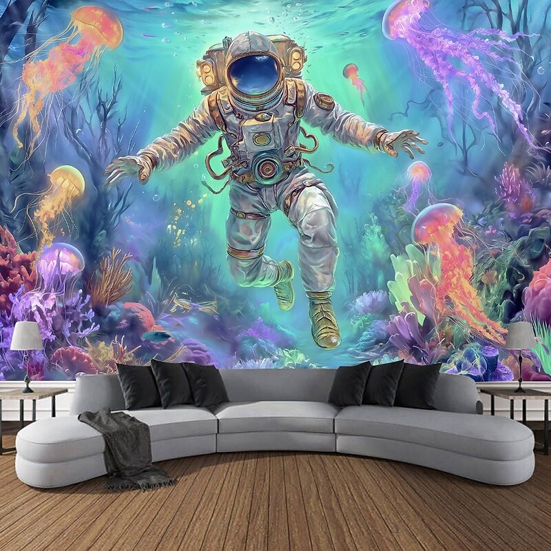 Blacklight Tapestry Glow in the Dark Glow Party UV Reactive Astronaut Trippy Misty Mushroom Hanging Tapestry Wall Art Mural for Living Room Bedroom4