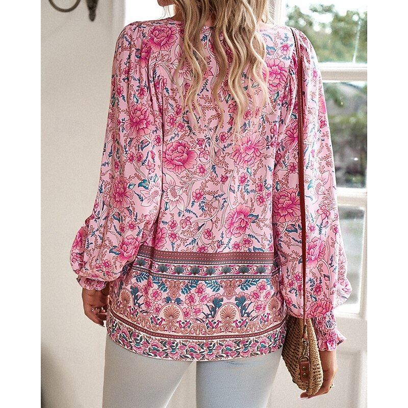 Women's Shirt Boho Shirt Summer Tops Flower Daily Stylish Casual Long Sleeve V Neck Regular Tops Work Daily Holiday Print Pink Navy Blue Blue Spring Fall3