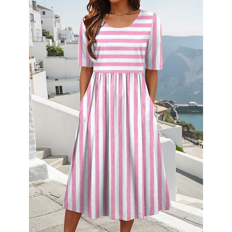 Women's Midi Dress Summer Dress Pleated Dress Vacation Casual Holiday Loose Fit Graphic Striped Half Sleeve Crew Neck Light Green Pink Blue Purple Summer4