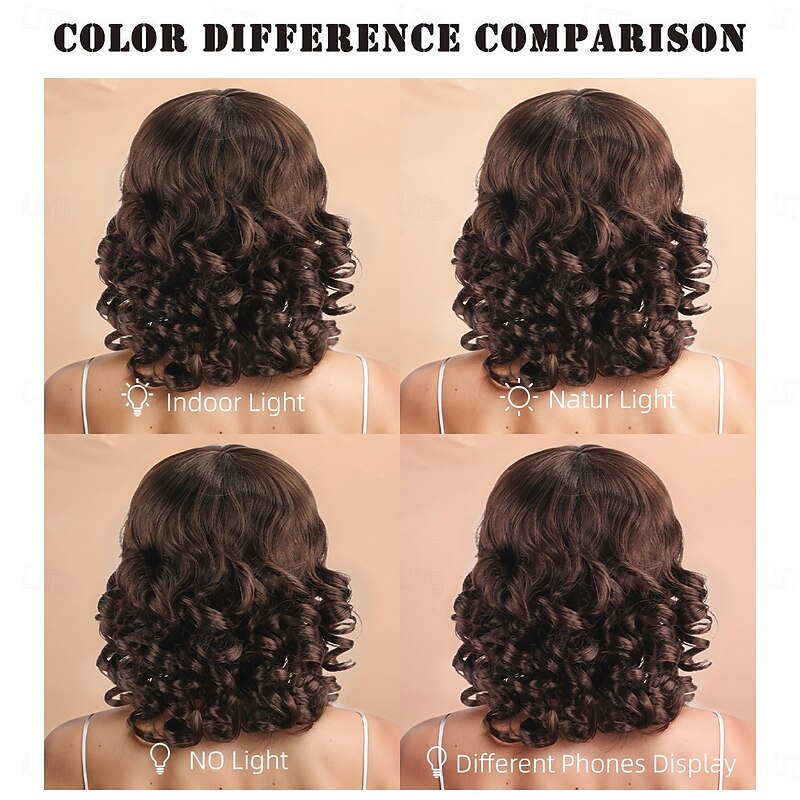 Synthetic Wig Curly Wavy Layered Haircut With Bangs Machine Made Wig 14 inch A1 Synthetic Hair Women's Elastic Classic Comfortable Brown2