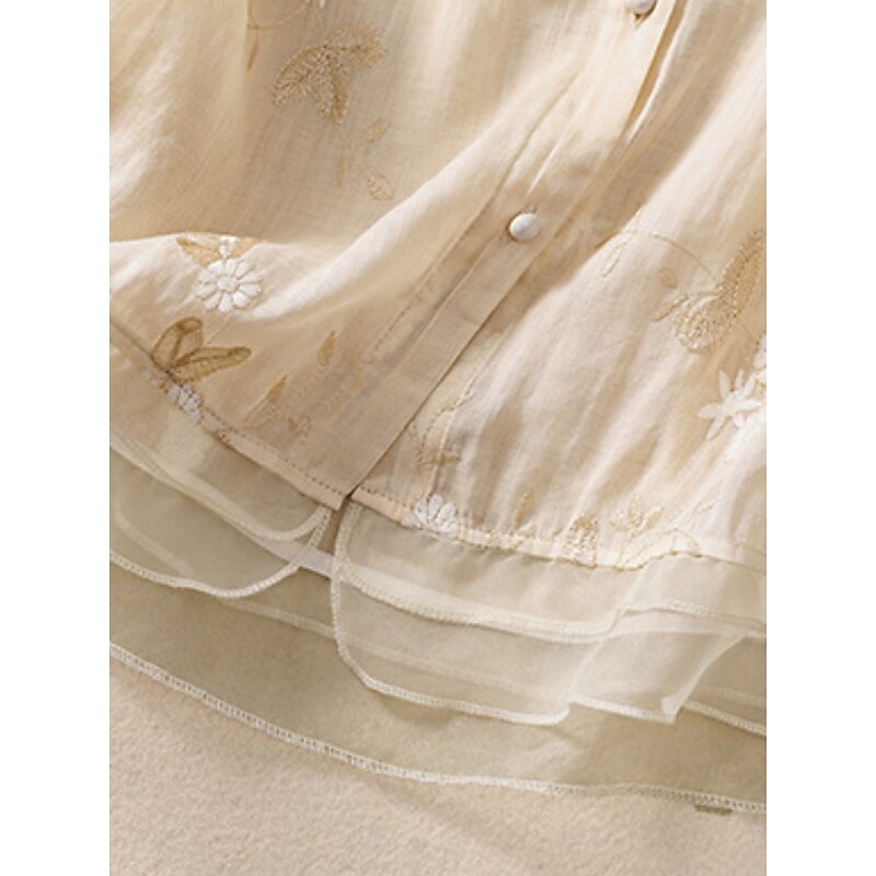 Women's Cotton Linen Shirts Floral Vintage Casual Long Sleeve High Neck Regular Tops Daily Embroidered Buttons Red Purple Green Apricot Summer2