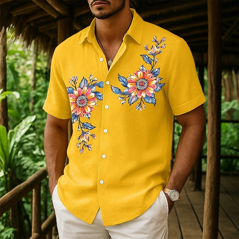 Men's Shirt Linen Shirt Summer Shirt Beach Shirt Button Up Shirt Floral Casual Holiday Yellow Pink Navy Blue Green Short Sleeve Turndown Summer Clothing Apparel Front Pocket