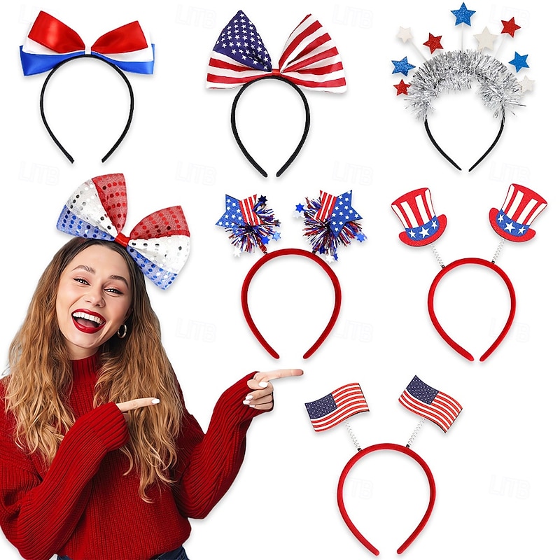 2 Pcs 4th of July Headband Independence Day Hair Accessories Patriotic Party Hair Supplies USA Flag Star Design Blue Red Ribbon Stars Hair Decoration Cute Hair Hoop for Women Girls Kids
