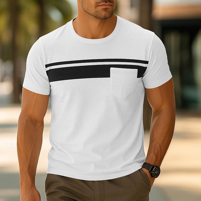Men's T Shirt Short Sleeve Crew Neck Summer Spring Solid Color Stripe Elegant Neutral Daily Pocket Stripe School Training Outdoor White Red Navy Blue