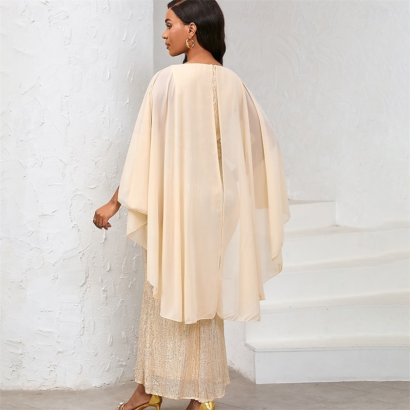 Dress Mother of the Bride Dress Elegant Crew Neck Floor Length Chiffon 3/4 Length Sleeve with Sequin4