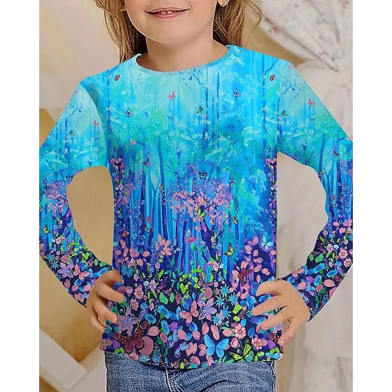 Girls' 3D Floral Butterfly T shirt Tee Long Sleeve Spring Fall Fashion Basic Kids 4-12 Years Crew Neck Outdoor Casual Daily Regular Fit3