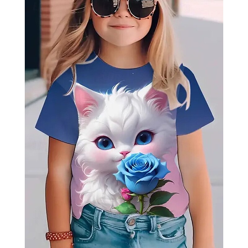 Girls' 3D Animal Cat T shirt Tee Short Sleeve Summer Spring Fashion Basic Kids 4-12 Years Crew Neck Outdoor Casual Daily Regular Fit3