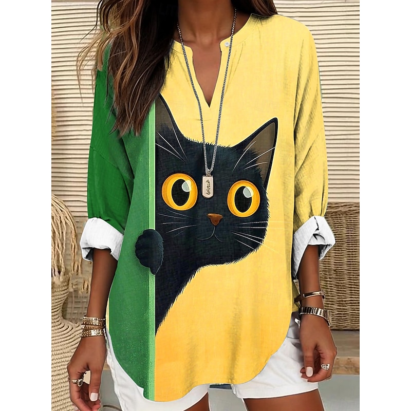 Women's Blouse Tunic V Neck Long Sleeve Boho Casual Summer Tops Graphic Animal Cat Vintage Tropical Regular Tops Daily Wear Print Yellow Light Green Blue Orange Green4