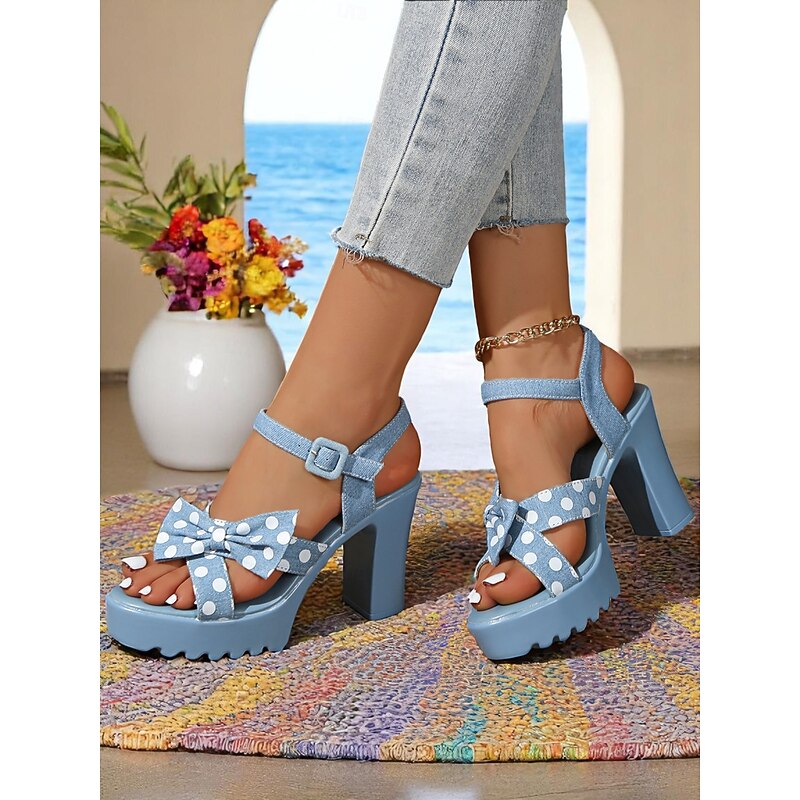 Women's Light Blue Polka Dot High Heel Sandals with Bows  Retro Chunky Platform Summer Shoes for Parties, Dates, and Vacation Outfits
