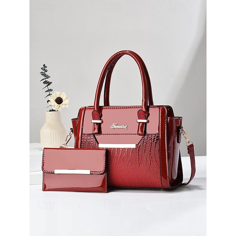 Women's Patent Faux Leather Handbag Set – Glossy Structured Top-Handle Bag with Wallet, Elegant Crocodile Pattern, for Office, Business and Formal Events