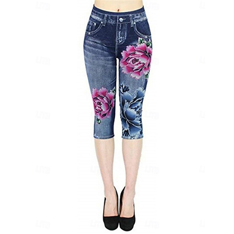 Women's Leggings Capri Pants 3D Print Chinos Leggings Vacation Vintage Casual Calf-Length High Waist Floral Printing Comfy Soft Comfortable Stretchy Outdoor Vacation Street Blue Summer Slim Fit
