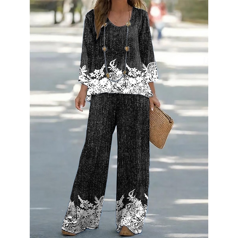 Women's Shirt Blouse 3/4 Length Sleeve U Neck Ombre Floral Graphic Print Outdoor Vacation Casual Black Ink Blue Gray Summer Loose Fit3