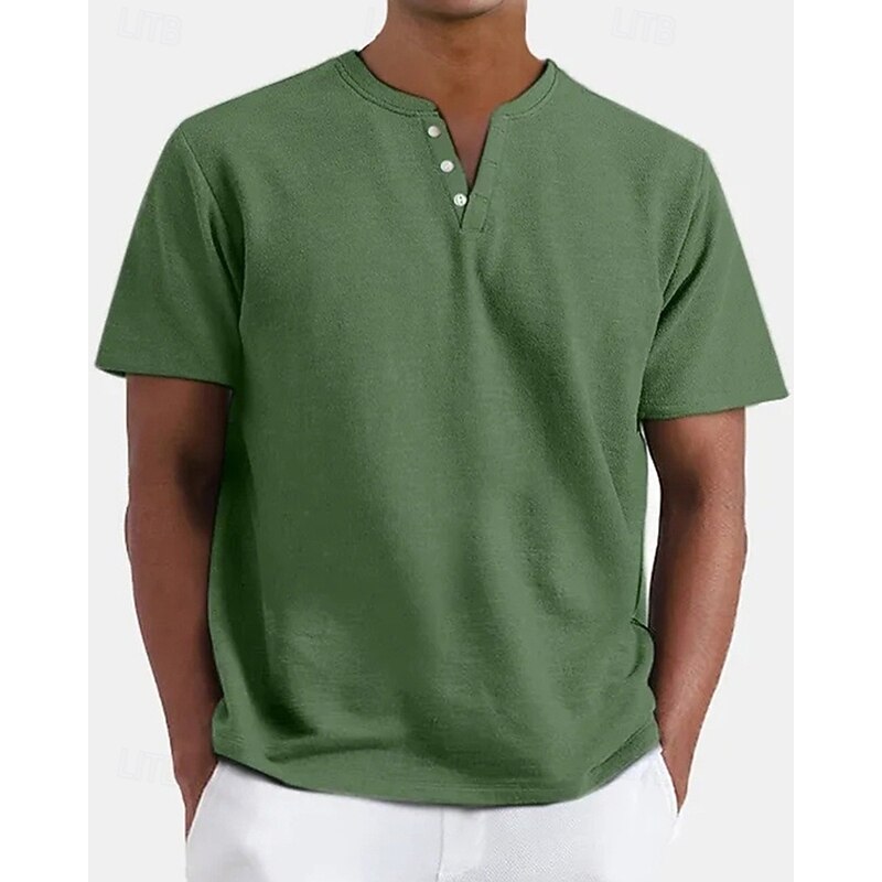 Men's T Shirt Henley Shirt Tee Short Sleeve Shirt Short Sleeve Henley Summer Plain Fashion Designer Basic Buttons Vacation Street Going out Apricot Black White Top Tee for Men2