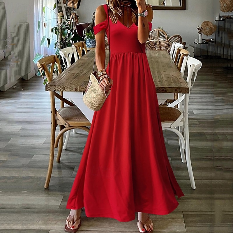 Women's Long Dress Maxi Dress Casual Dress Swing Dress Fashion Outdoor Party Holiday Regular Fit Plain Sleeveless V Neck Black Red Green Summer